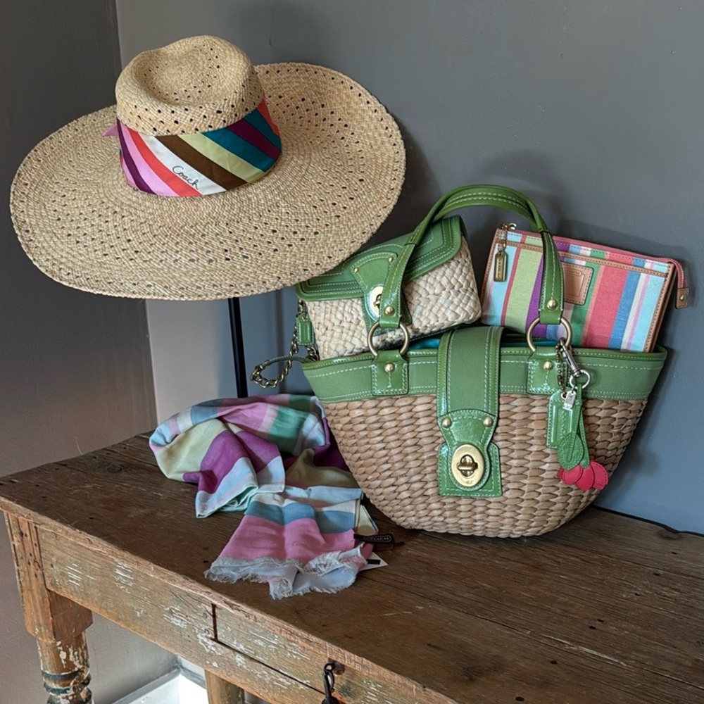 Coach ‘07 Hampton Green Straw Tote, Clutch, Slim Wallet, Scarf-Wrap & O/S Hat